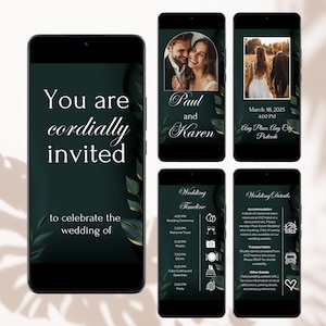 May include: A wedding invitation with a green background and gold leaf accents. The invitation reads "You are cordially invited to celebrate the wedding of Paul and Karen" and includes the date, time, and location of the wedding.
