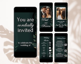 Dark Green Wedding Video Invitation Template  Animated Juniper Green Digital Wedding Invitation Emerald Wedding Invitation Editable in Canva