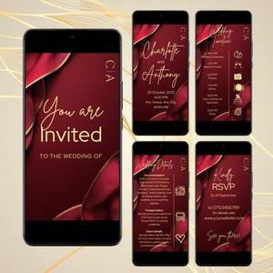 May include: A set of four mobile phone screens with a burgundy and gold wedding invitation design. The text on the screens reads "You are Invited to the Wedding of Charlotte and Anthony", "Wedding Timeline", "Wedding Details", and "Kindly RSVP".