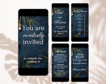Dark Blue Wedding Invitation Template Video Editable Mobile Animated Invite for Wedding Last Minute Invitation Navy Blue Virtual Invitation