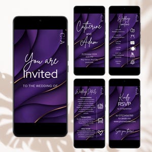 May include: Purple and gold wedding invitation with a modern design. The invitation includes the names Catherine and Adam, the date 25 October 2004, and the time 4:00 PM. It also includes the text "You are invited to the wedding of" and "Kindly RSVP by 20 September".
