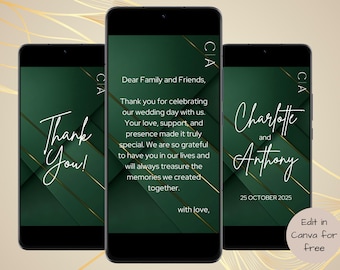 Green Thank You Digital Video Card Template Editable in Canva Emerald Electronic Animated Thank You Mobile Virtual Greeting Card with Music