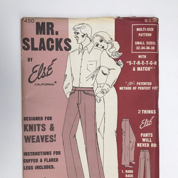 1970s Else California Mr. Slacks Sewing Pattern 450 / Mens Pants Slacks / Stretch Knit / Stretch & Match / Size 32,34,36,38