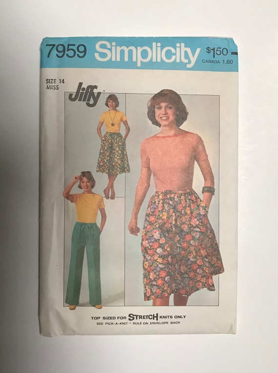 1970s UNCUT Simplicity Jiffy Sewing Pattern 7959 / Womens Stretch Knit Top  / Drawstring Pants / Skirt / Size 14 
