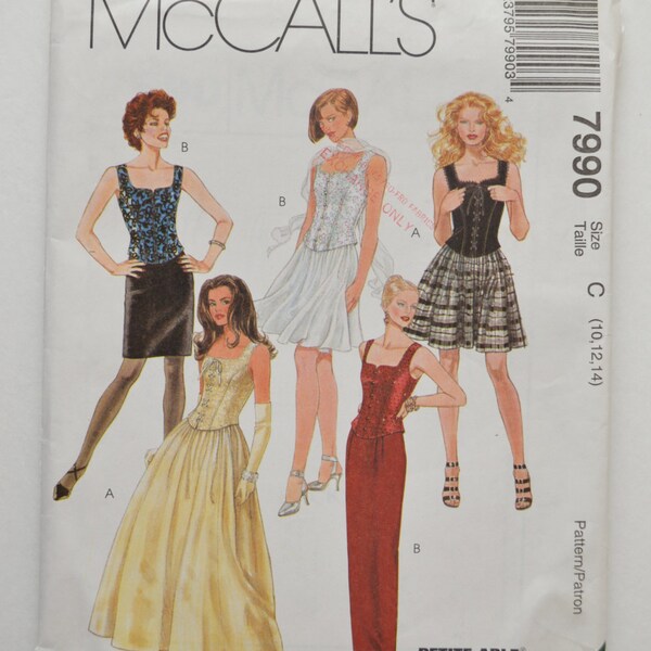1990s UNCUT McCall's Sewing Pattern 7990 Womens Evening Prom Masquerade Bustier Faux Corset Top & Full or Slim Skirt Size 10,12,14