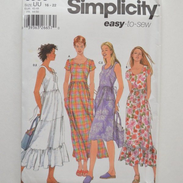 2000s UNCUT Simplicity Sewing Pattern 5558 Womens Pullover Raised Waist Dress w/ Tiered Skirt & Bag Size 16,18,20,22
