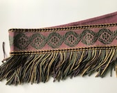 Early 1900s Antique Vintage Upholstery Bullion Fringe Fringed Trimming Woven Cotton Jacquard Purple Mauve Green Gold