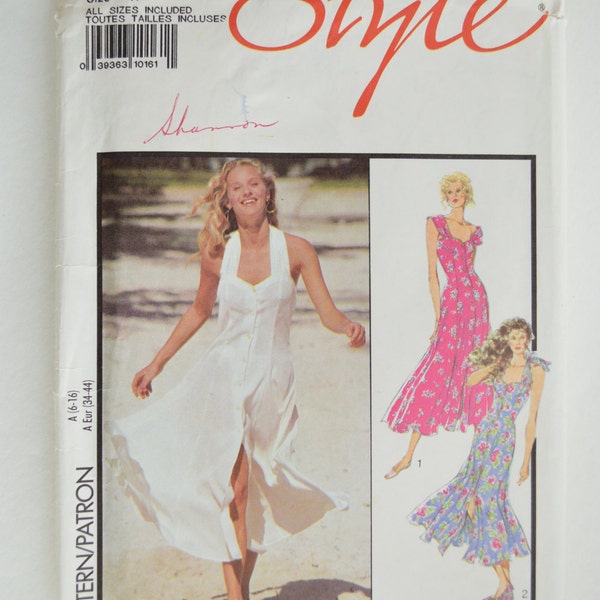 1990s UNCUT Vintage Style Sewing Pattern 1726 Princess Seam Button Front Sun Dress w/ Wide Straps, Halter Option, Ankle Length Size 6-16