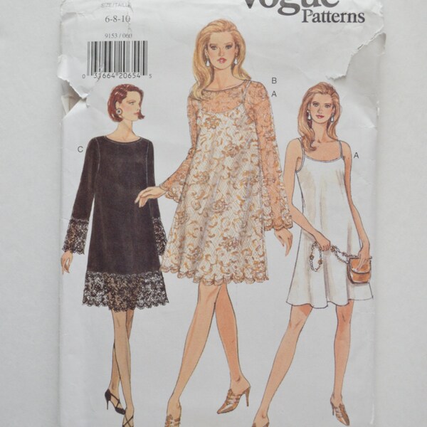 1990s UNCUT Easy Vogue Sewing Pattern 9153 Womens Pullover Bias Cut A-Line Dress w/ Shoulder Straps or Long Sleeves Size 6,8,10