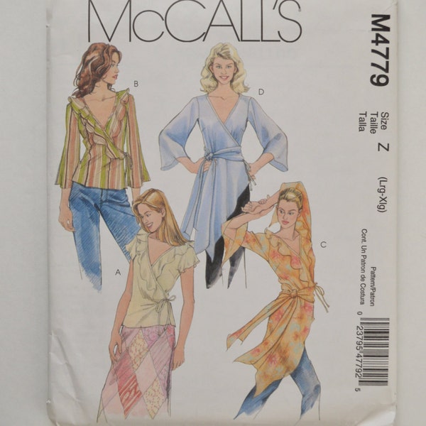 2000s UNCUT McCall's Sewing Pattern M4779 Womens Flowy Blouse Top, Wrap Front & V Neckline, Short or Long Sleeve Size 16,18,20,22
