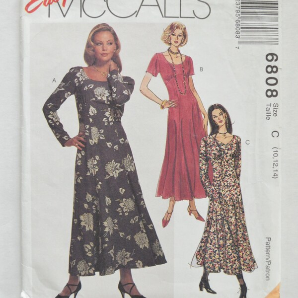 1990s UNCUT Easy McCall's Sewing Pattern 6808 Womens Empire Waist Dress w/ Gored Skirt, Long or Short Sleeve Size 10,12,14