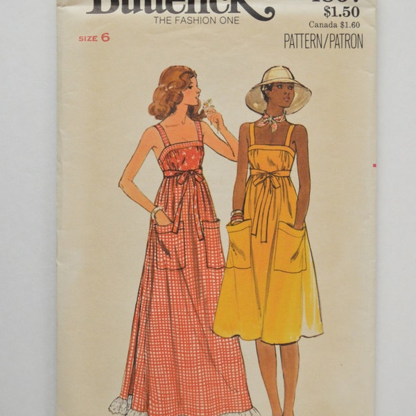 1970s UNCUT Butterick Sewing Pattern 4867 Boho Hippie Wrap Apron Dress w/ Front Patch Pockets Size 6