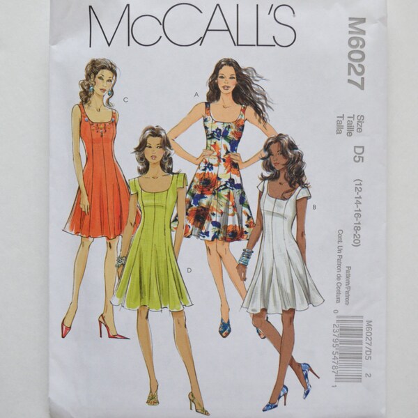 2000s UNCUT McCall's Sewing Pattern M6027 Princess Seam Knee Length Dress w/ Godets, Sleeveless or Cap Sleeves Size 12,14,16,18,20