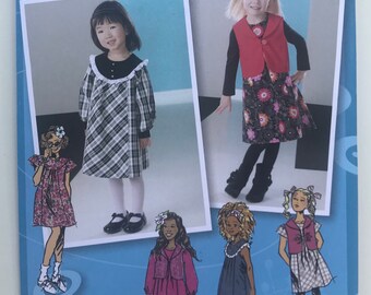2000s UNCUT Simplicity Sewing Pattern 2157 Childrens Girls Sleeveless Short Long Sleeves Dress Jumper Yoke Vest Size 12,1,2,3