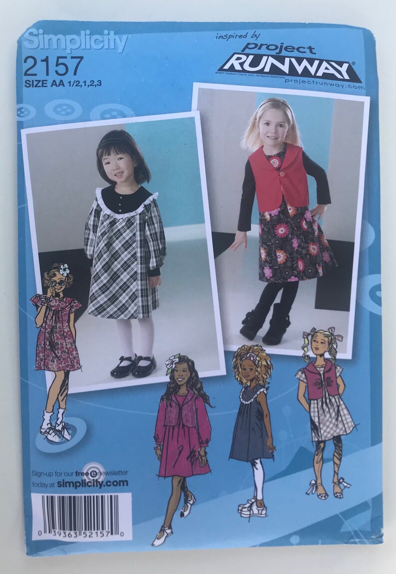 2000s UNCUT Simplicity Sewing Pattern 2157 Childrens Girls Sleeveless Short Long Sleeves Dress Jumper Yoke Vest Size 12,1,2,3