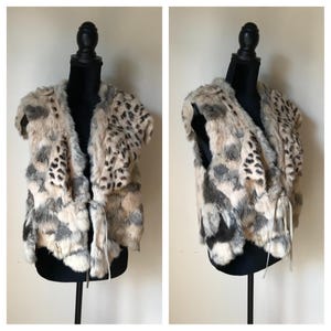 Vintage Rag Fur Vest / Rabbit Fur / Patchwork / Leopard Print / Boho Chic / Tie Front