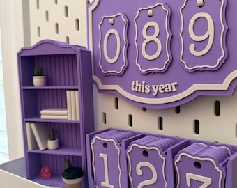 Yearly Book Counter with Miniature Bookshelf Kit with plants, ladder and tiny books