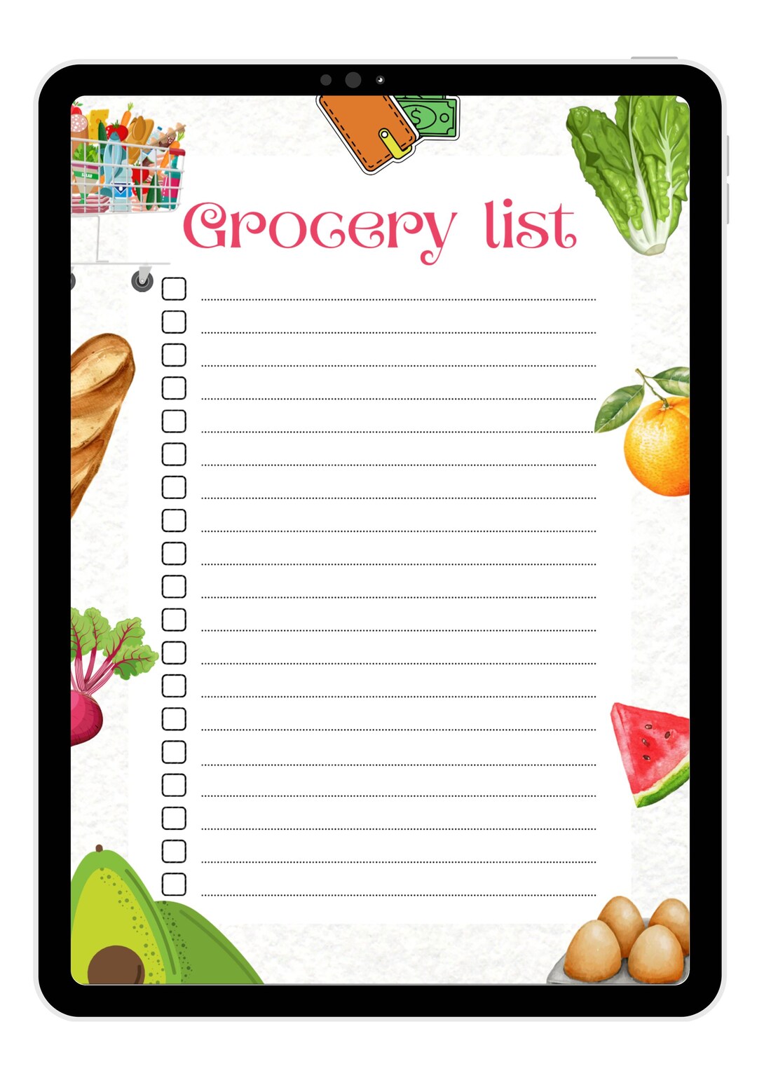Digital Grocery List Template Printable Checklist for Tablet or Laptop