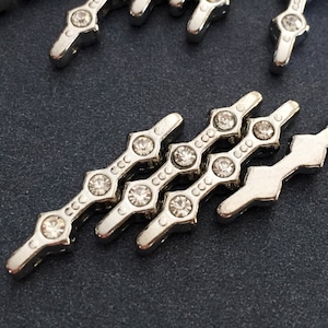 4 hole Bar Bead Spacer with Rhinestones 5 pcs - Rhinestone Bead Spacer, Bar Bead Spacer, Silver Tone Bead Spacer