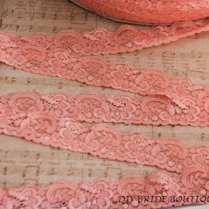 PEACH Lace 1 1/4 inch, 2 yards Stretch Lace, Elastic lace, Elastic trim for Headbands
