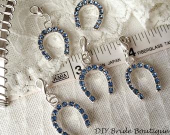 5 Lucky horseshoe charms, Rhinestone horse shoe pendants, Goog Luck charm, something blue horseshoe, wedding charm, lucky charm