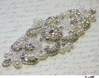 ART DECO Rhinestone applique, crystal applique, Ivory pearls wedding applique,  beaded patch for DIY wedding sash,. bridal accessories
