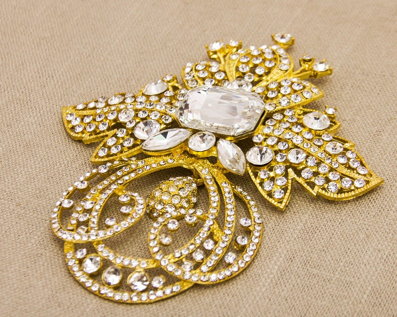 Rose Gold Wedding Brooch Large Rhinestone Brooch Statement Etsy