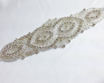 Crystal applique, rhinestone applique, wedding applique, beaded crystal patch, DIY wedding sash, headband, headpiece