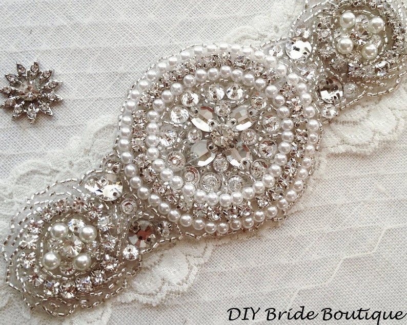 Rhinestone applique, ART DECO crystal applique, wedding applique, beaded patch for DIY wedding sash, bridal accessories image 1