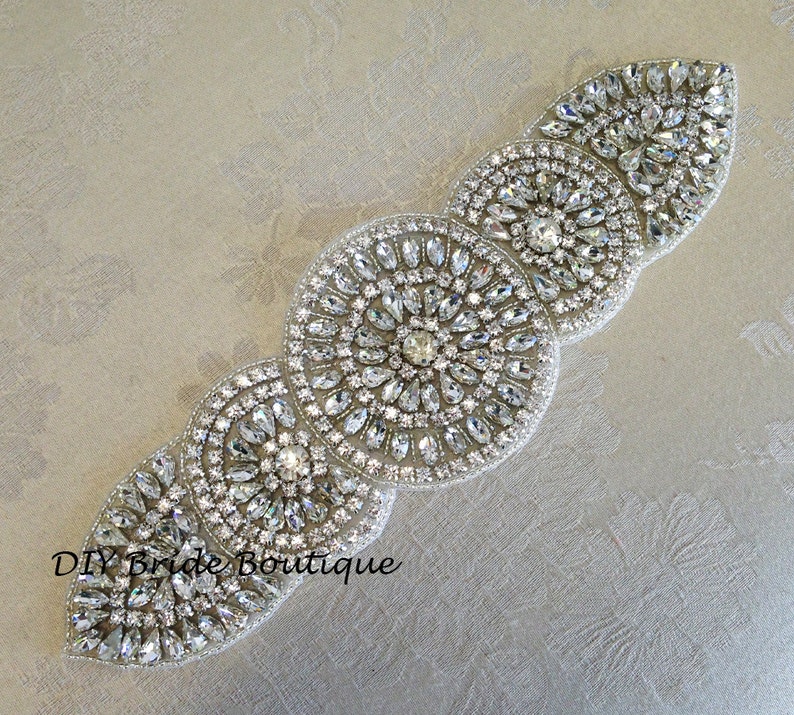 Crystal applique, rhinestone applique, wedding applique, beaded crystal patch, DIY wedding sash, headband, headpiece image 2