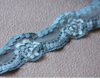 1 1.2" Blue Stretch Lace Trim,  Floral Elastic Lace  for lingerie, headbands, bridal garters - 10 yards