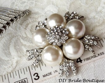 10 Rhinestone and Pearl Brooch, Ivory Pearl Brooch, Wedding Brooch, Bridal Embelishment, pearl and Rhinestone pin