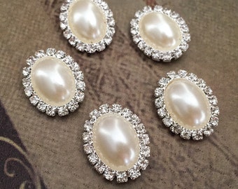 5 Rhinestone buttons, 1/2" pearl button, crystal button, ivory pearl embellishment, pearl wedding supplies