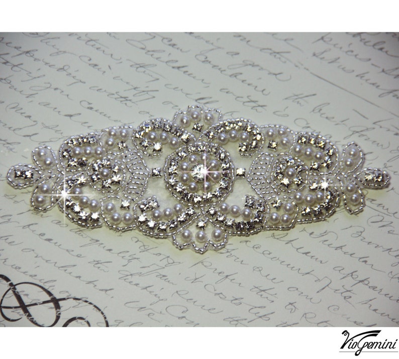 ART DECO Rhinestone applique, crystal applique, Ivory pearls wedding applique, beaded patch for DIY wedding sash,. bridal accessories image 4