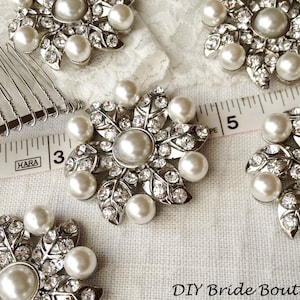 5 Rhinestone Brooches, Ivory pearl brooch pin for DIY wedding projects, rhinestone brooch bouquet, pearl brooch