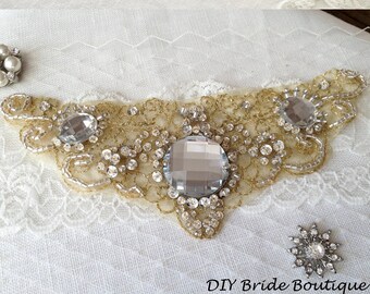 Rhinestone applique, gold crystal applique, wedding applique, beaded patch for DIY wedding sash, bridal accessories