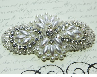 Rhinestone and pearl applique, crystal applique, rhinestone applique, pearl applique, wedding applique, bridal embellishment