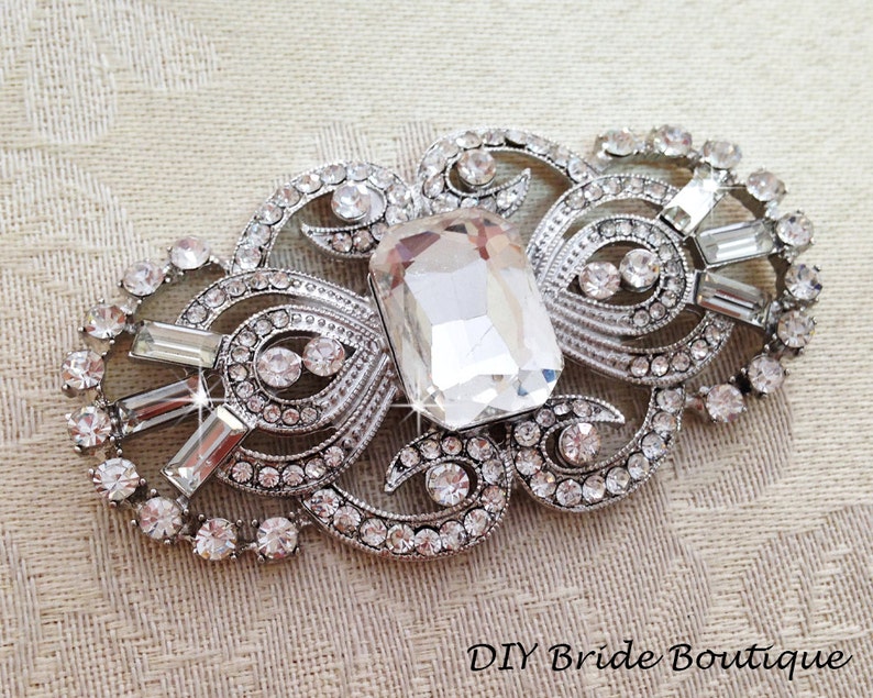 Art Deco Rhinestone Brooch Crystal Brooch, Great Gatsby Wedding Brooch, Bridal Sash Pin, Rhinestone Broach imagem 1