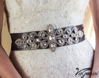 Art Deco Rhinestone applique, Great Gatsby crystal applique, 1920s wedding sash applique, beaded patch for DIY wedding sash