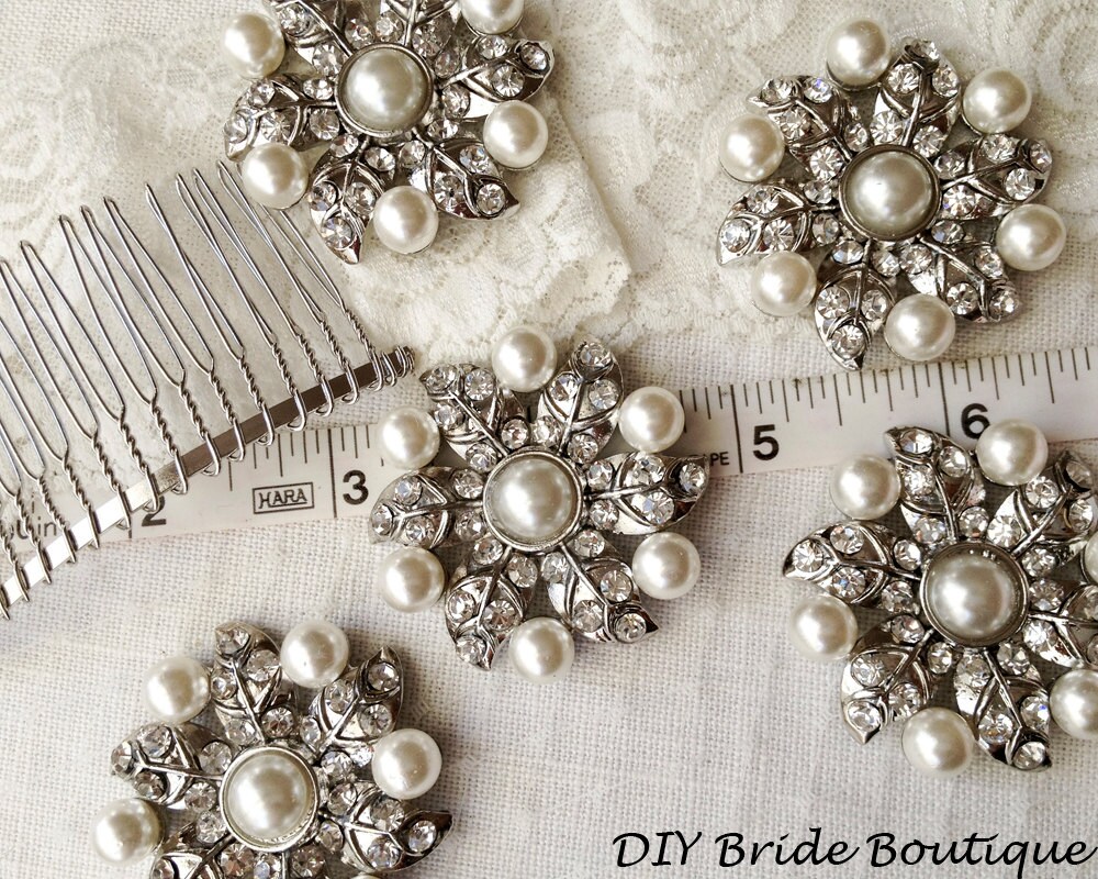 5 Pack Ivory / White Dual Color Pearl and Rhinestone Brooches