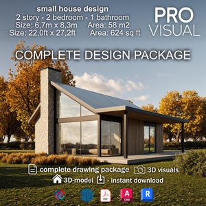 Plans de petite maison modernes | Plans architecturaux de 2 chambres avec modèle 3D, plan d'étage, dessins de construction et dessin complet | Téléchargement instantané