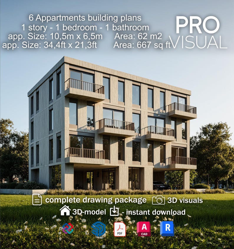 6 Apartments Complex Building Blueprints | Luxury Condo Layout Set ...
