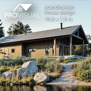 SCANDINAVIAN HUIS Plattegrond, gezellige Scandinavische hut zelf bouwen, architectonisch huisontwerp pdf blauwdrukken voor houten huis, 3D-model en bouwplannen