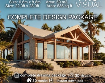 Beach house plans 59m2 / 635 sq ft – 1 bedroom coastal home design – complete architectural drawing package with 3D model and visuals