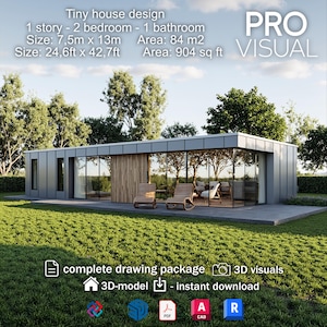 Planos de casa pequeña de 2 habitaciones / Diseño de planos de casa pequeña moderna / Paquete de dibujo arquitectónico + Modelo 3D / Archivos PDF CAD Revit