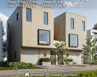 Duplex House Plan for Two Homes, 3 Story 2 Bedroom Home Design, 517 Sq Ft Dwelling, Modern Architectural Drawing Set, Floor Plans + 3D Model