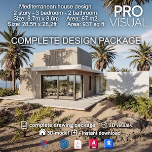May include: A modern Mediterranean house design with a two-story structure, three bedrooms, and two bathrooms. The house measures 8.7m x 8.6m, with an area of 87 m2. The image includes the text "COMPLETE DESIGN PACKAGE".