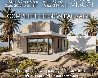 Modern Mediterranean House Plans 87 m2 (937 sq ft) – 2 Story Home Design – 3 Bedroom House – Architectural Drawings, Floor Plans + 3D Model