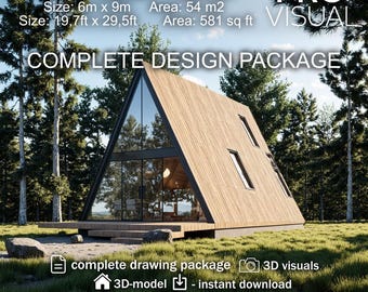 A-Frame House Plans 54m2 (581 sq ft) – 1 Bedroom Cabin Design – Complete Drawing Set + 3D Model – PDF Instant Download – Modern Tiny Home