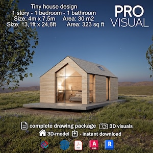 Modern Tiny House Plan Set | Complete Architectural Drawings, 3D Model & Visuals | Off-Grid Scandinavian DIY Cabin, house floor plan